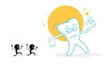 Sad Tooth in Cartoon Style Chased by Bacteria